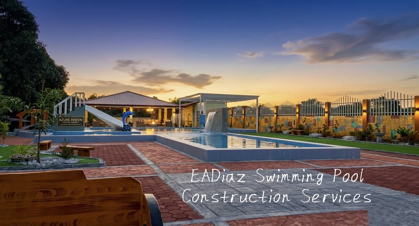 Swimming pool and landscaped deck at sunset